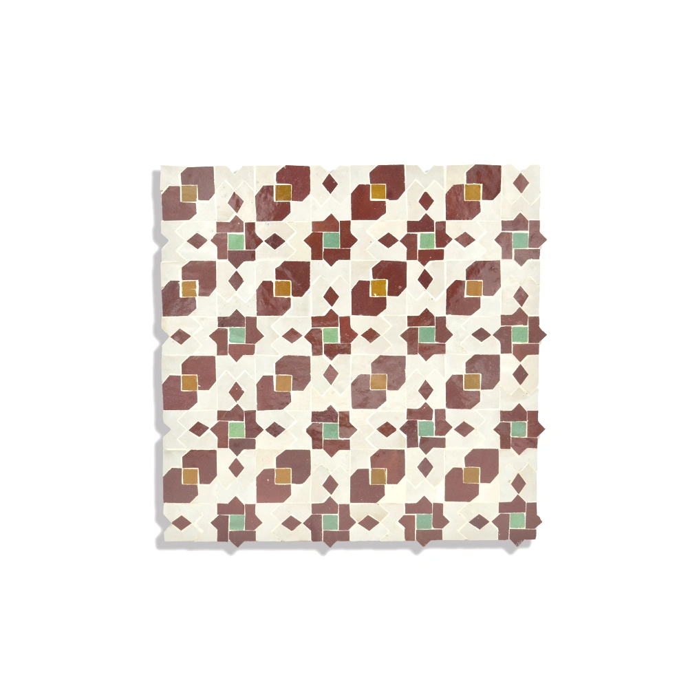 “Arabica” – Traditional Moroccan Zellij Tile in Burgundy, Green & Gold on Ivory Background