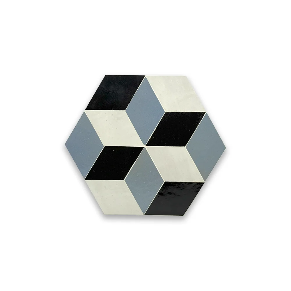 Nezak Obsidian – Carreau de zellige hexagonal en illusion noir, gris et ivoire